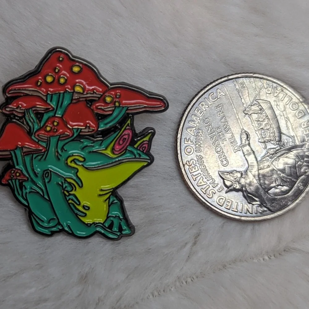 Trippy Psychedelic Frog with Mushrooms Enamel Pin_2